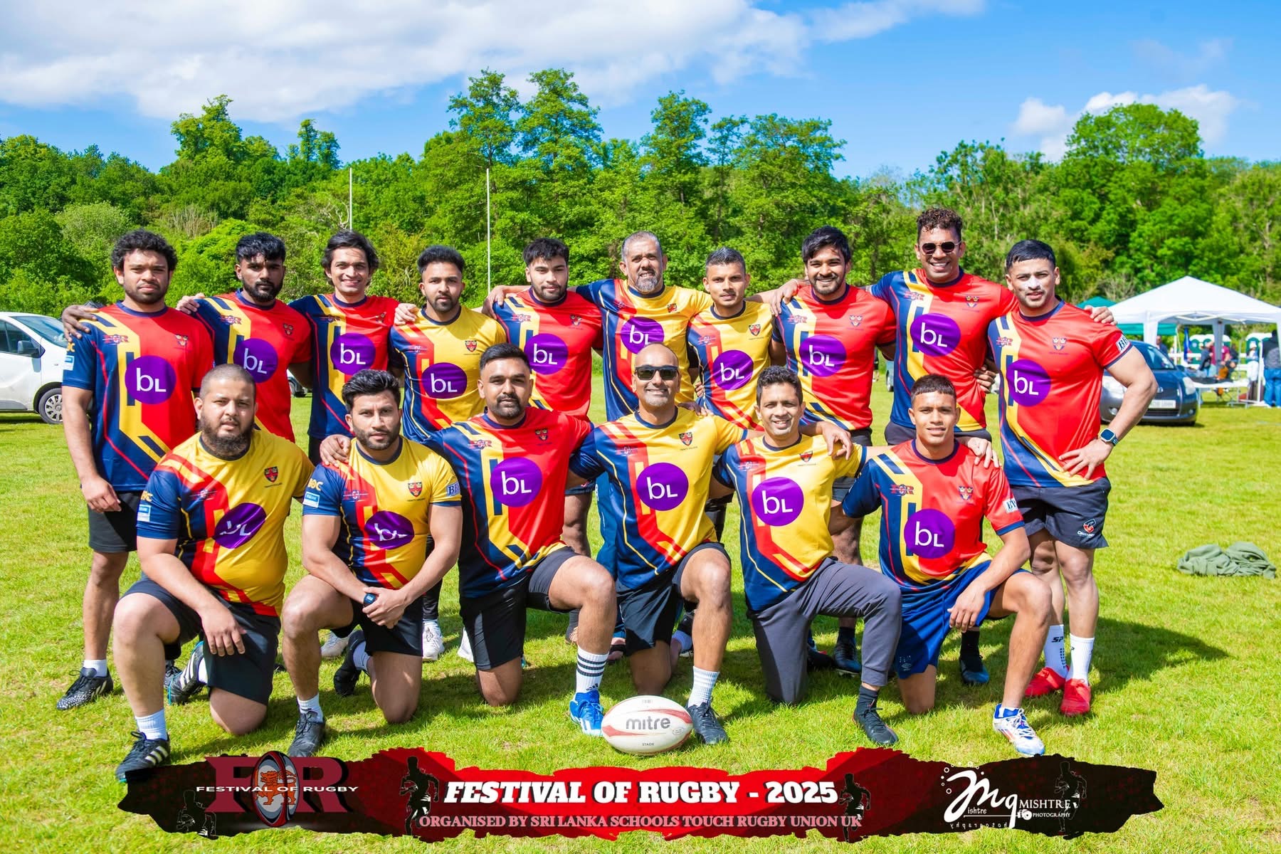 Red and yellow rugby team group photo at Festival of Rugby 2025