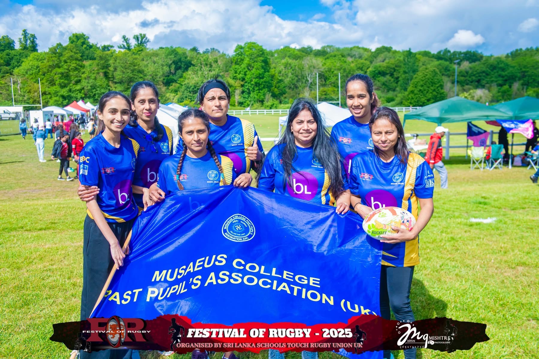 Women's team holding a Musaeus College Past Pupils Association UK banner at Festival of Rugby 2025